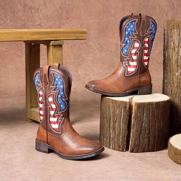 Men\'s Brown 1 Western Boot Side Zipper American Flag Retro Square Toe Mid-Calf